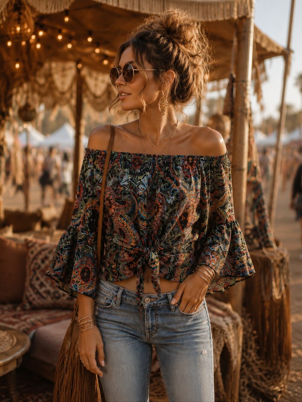 Boho Off-Shoulder Tie-Waist Top in Multicolor Paisley SZ S |‎ Festival